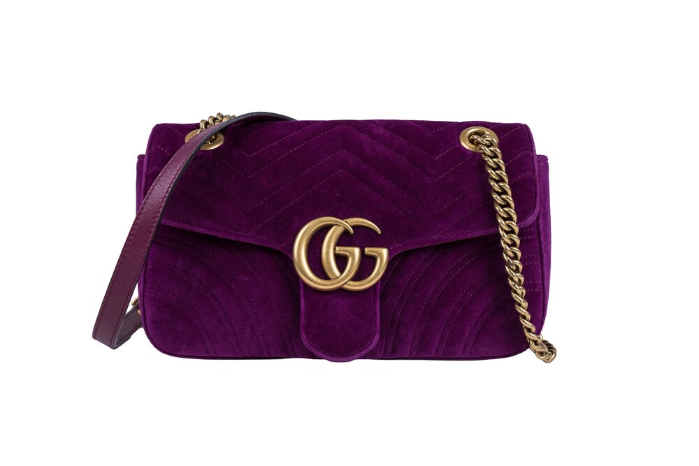 Gucci Purple GG Marmont Shoulder Bag Chevron Quilted Velvet Gold Hardware